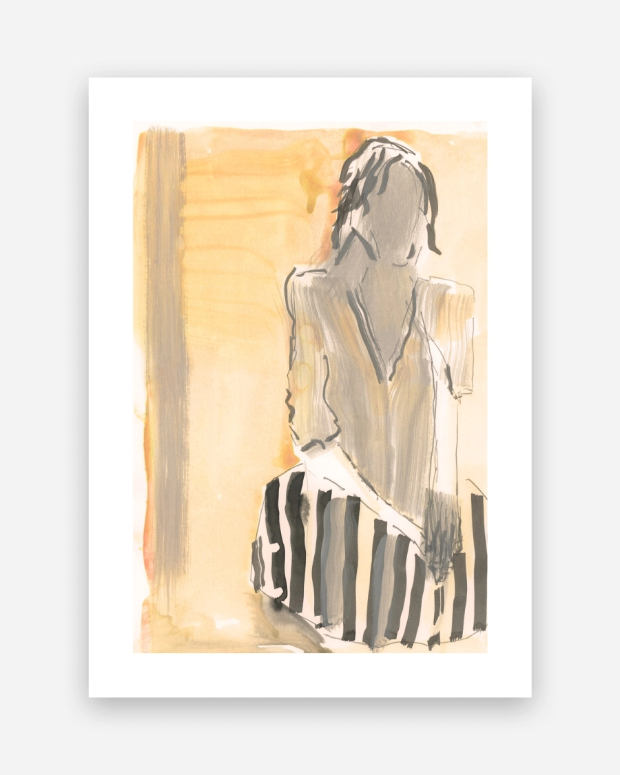 Woman in Warm Light poster with a white border, unframed on a light gray background
