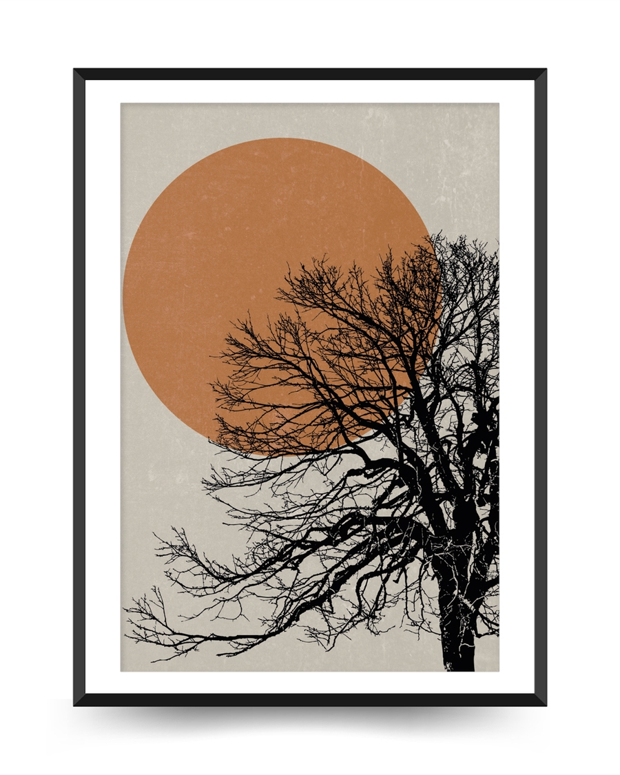 A poster of a Japandi tree silhouette with large terracotta sun