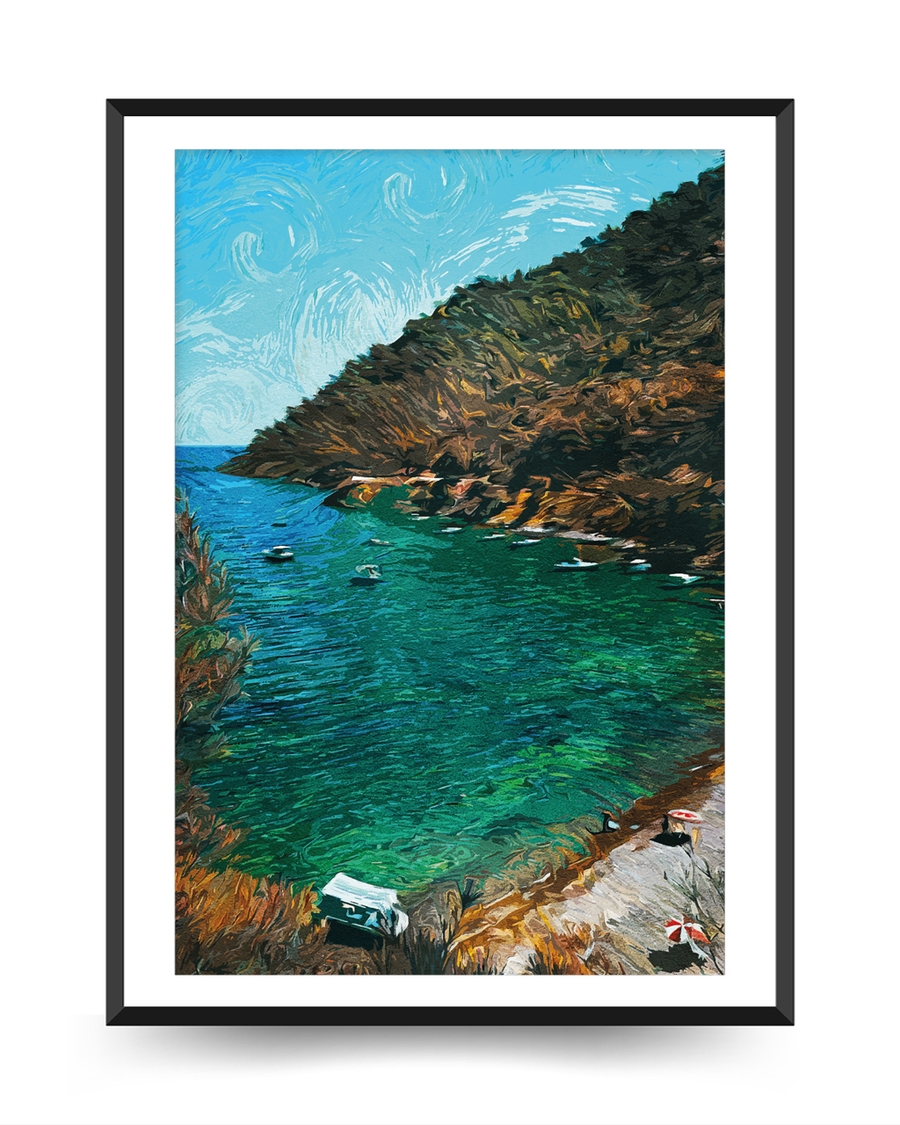 A poster of a Illustrated coastal bay with green water and cliffs