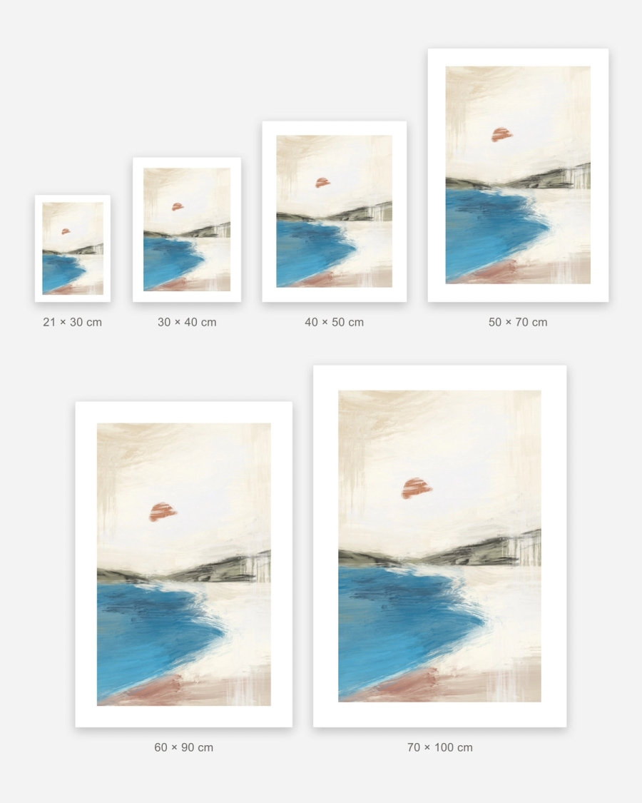 Red Sun Bay poster in 6 sizes, shown to scale: 21 × 30, 30 × 40, 40 × 50, 50 × 70, 60 × 90 and 70 × 100 cm