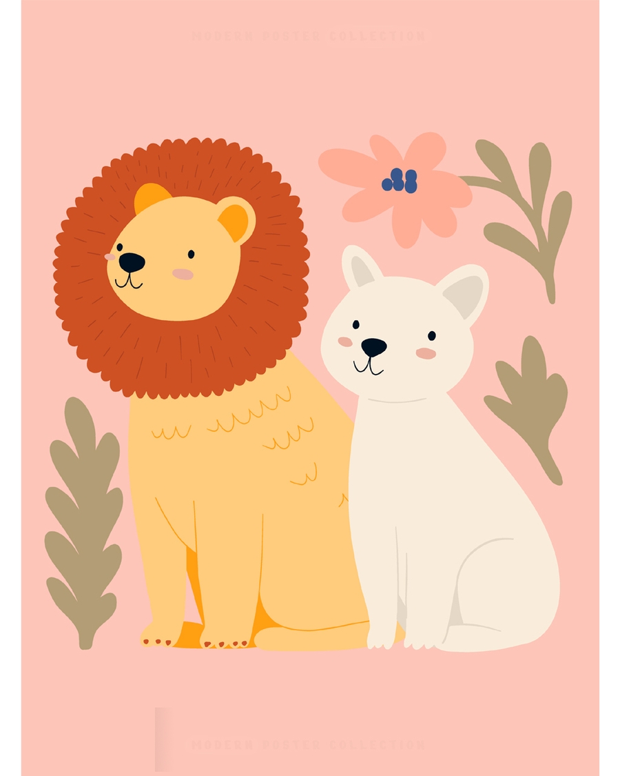 Lion and white cat sitting among soft leaves