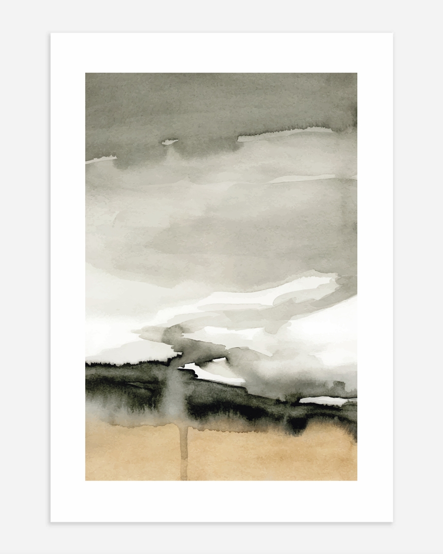 A poster of a Abstract watercolor landscape with grey sky and sand
