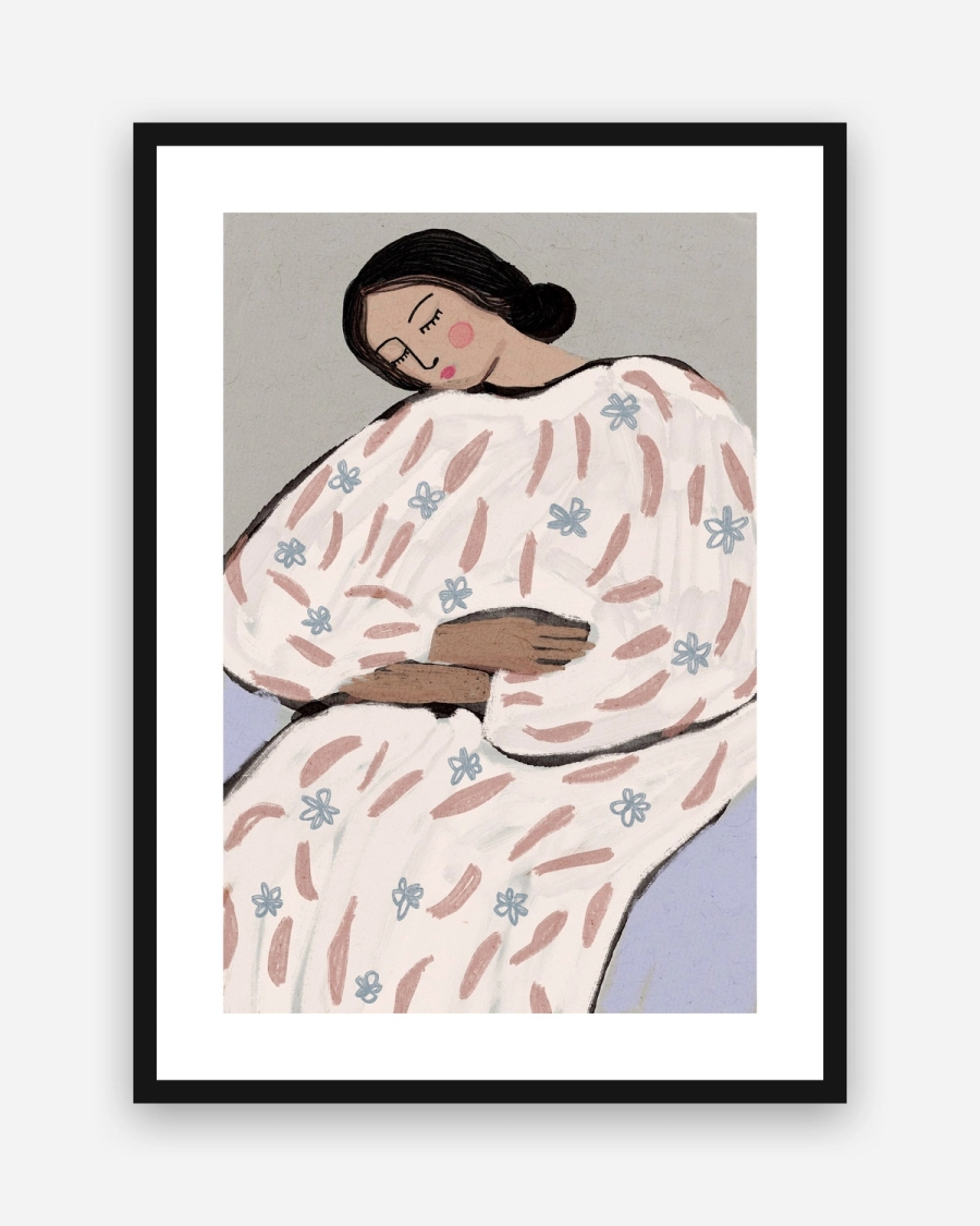 Dreaming in Blossoms poster with a white border in a black frame