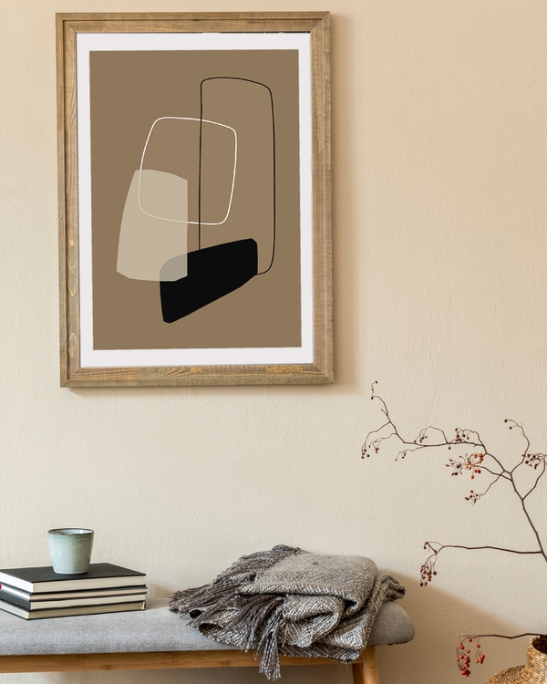 A poater of a Overlapping geometric shapes in black, beige, and white