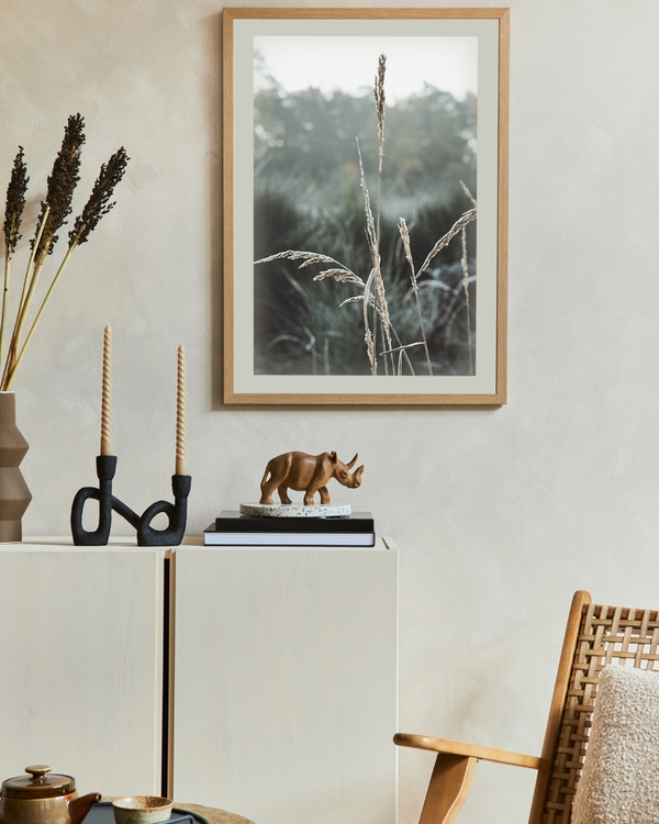 A poster of a Close-up of frosted grass against blurred forest background.