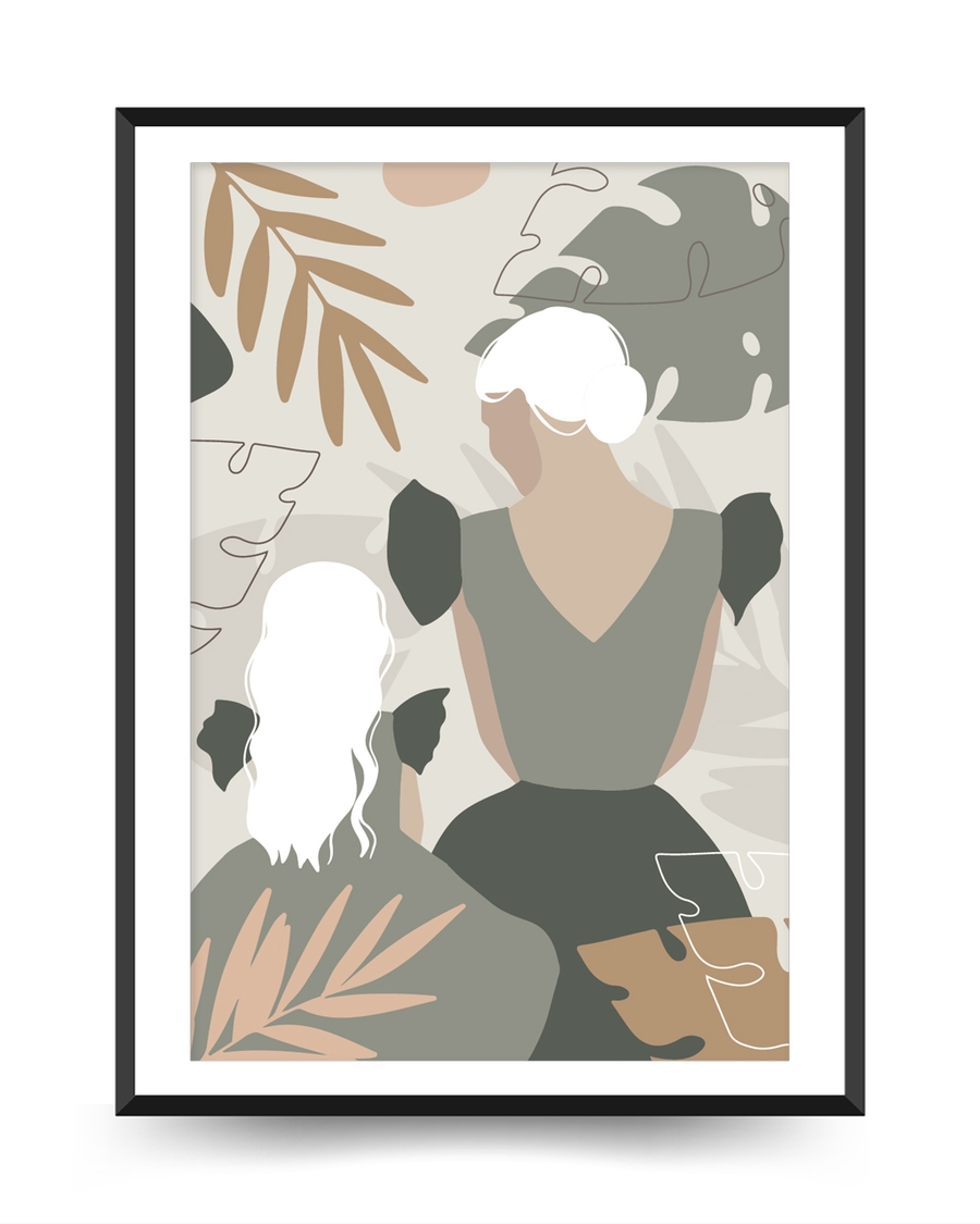 A poster of a Abstract figures with botanical shapes in earthy tones