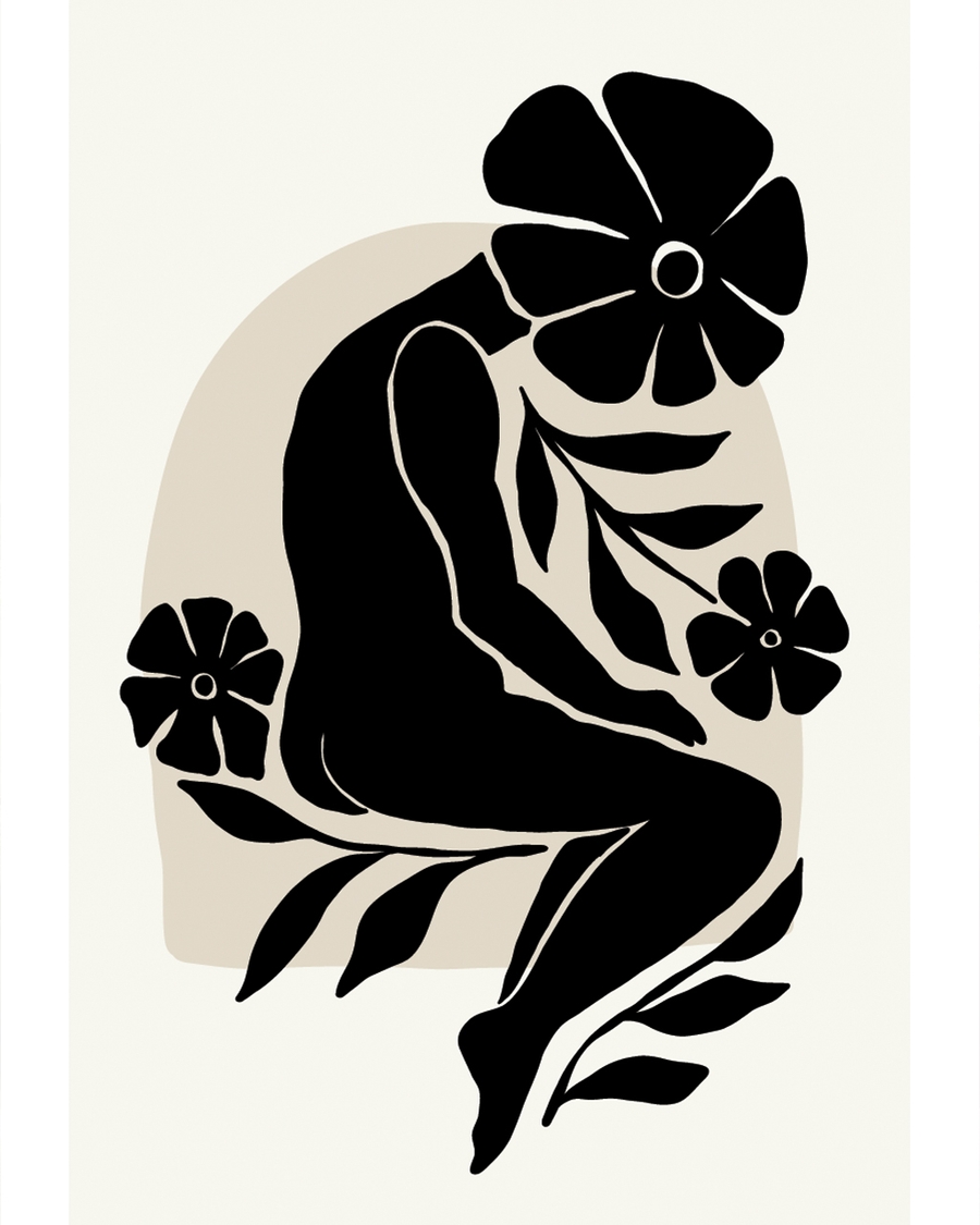 Black human silhouette with floral elements on beige