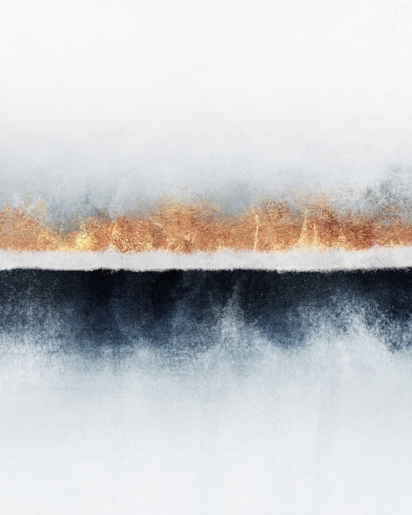 Abstract composition with a copper gold band between misty gray-white and deep blue washes