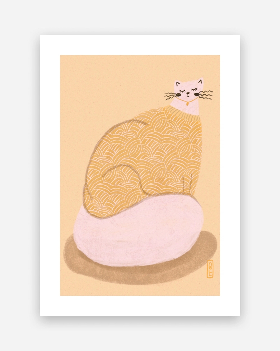 Mustard Knit Cat poster with a white border, unframed on a light gray background