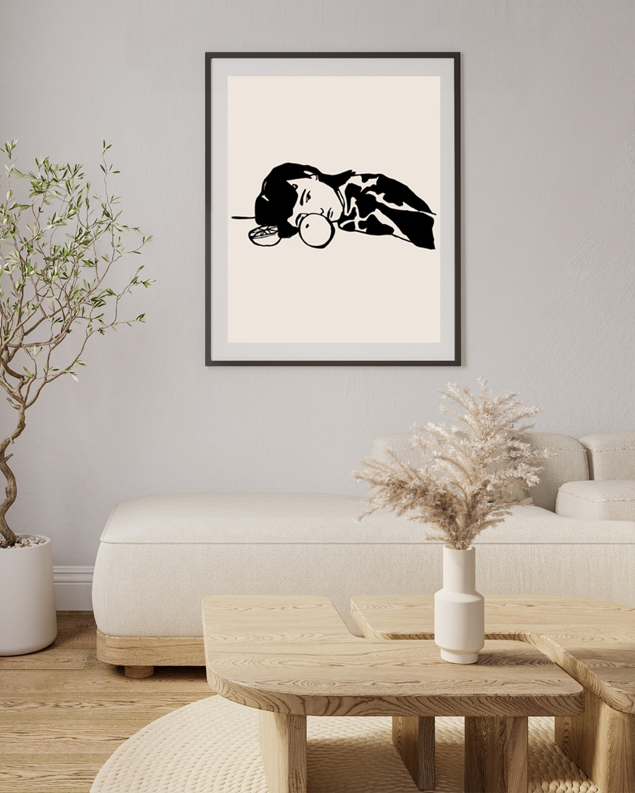A poster of a minimalist black-and-white art of person with citrus