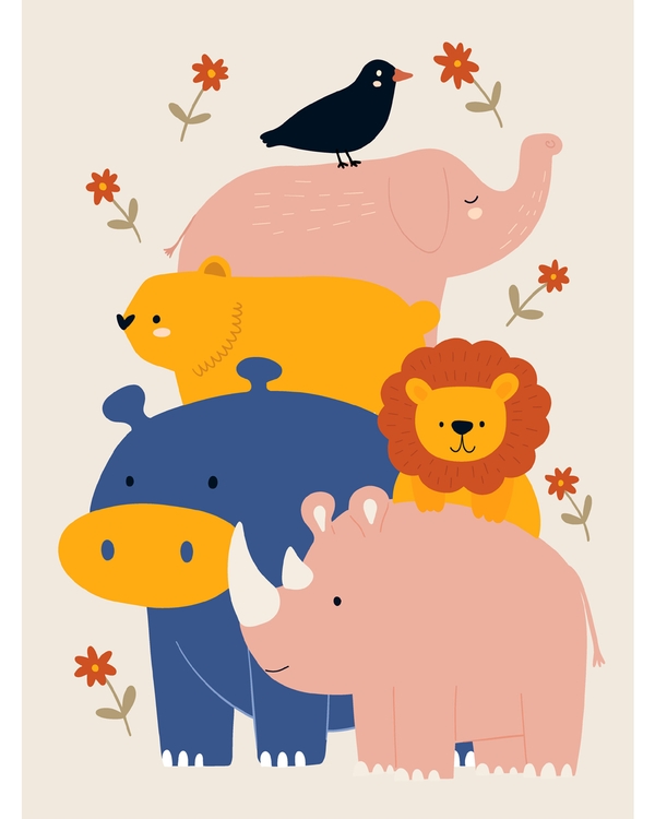 Stacked animals including elephant, hippo, rhino, lion, bird