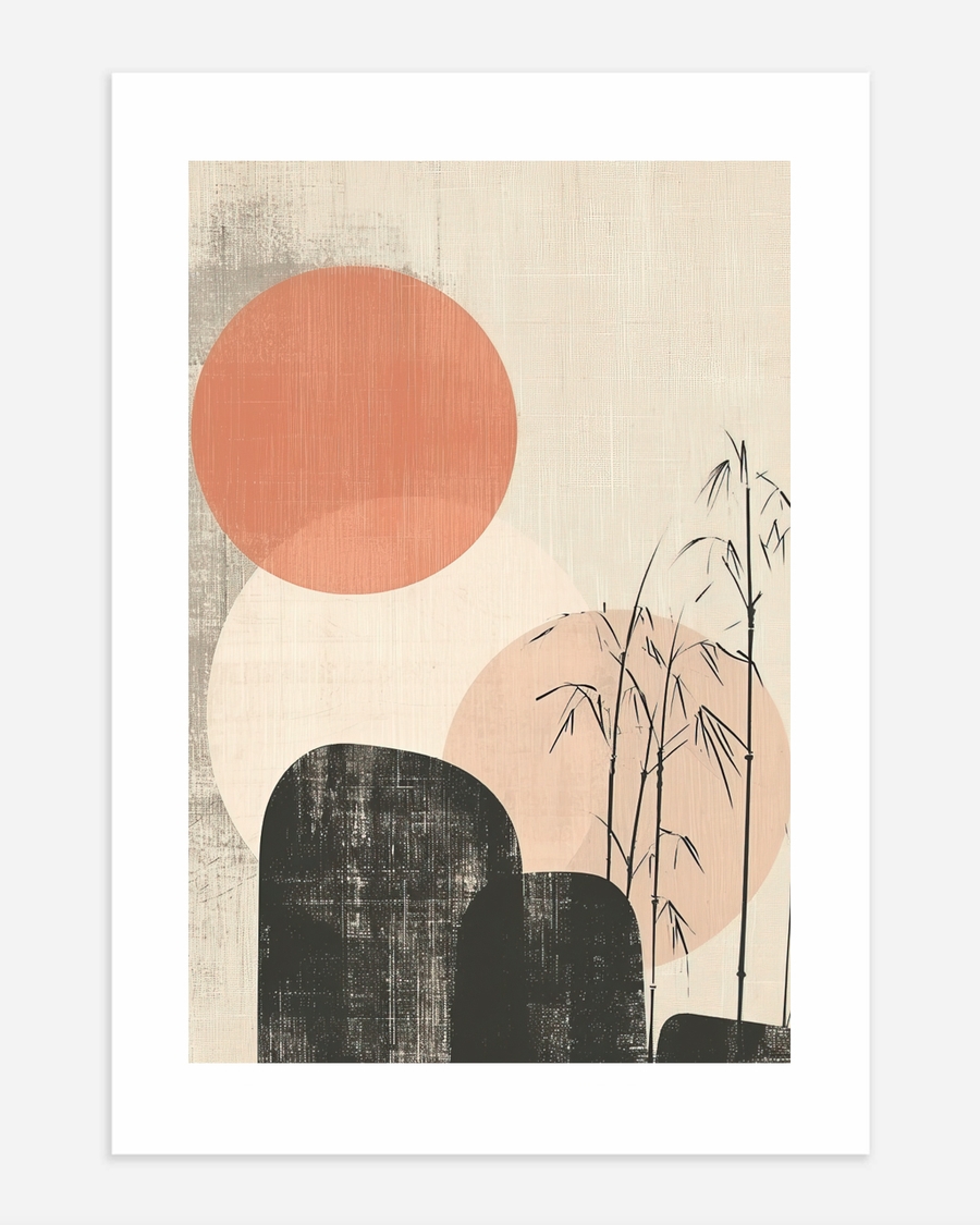A poster of a Japandi abstract circles with stones and plants