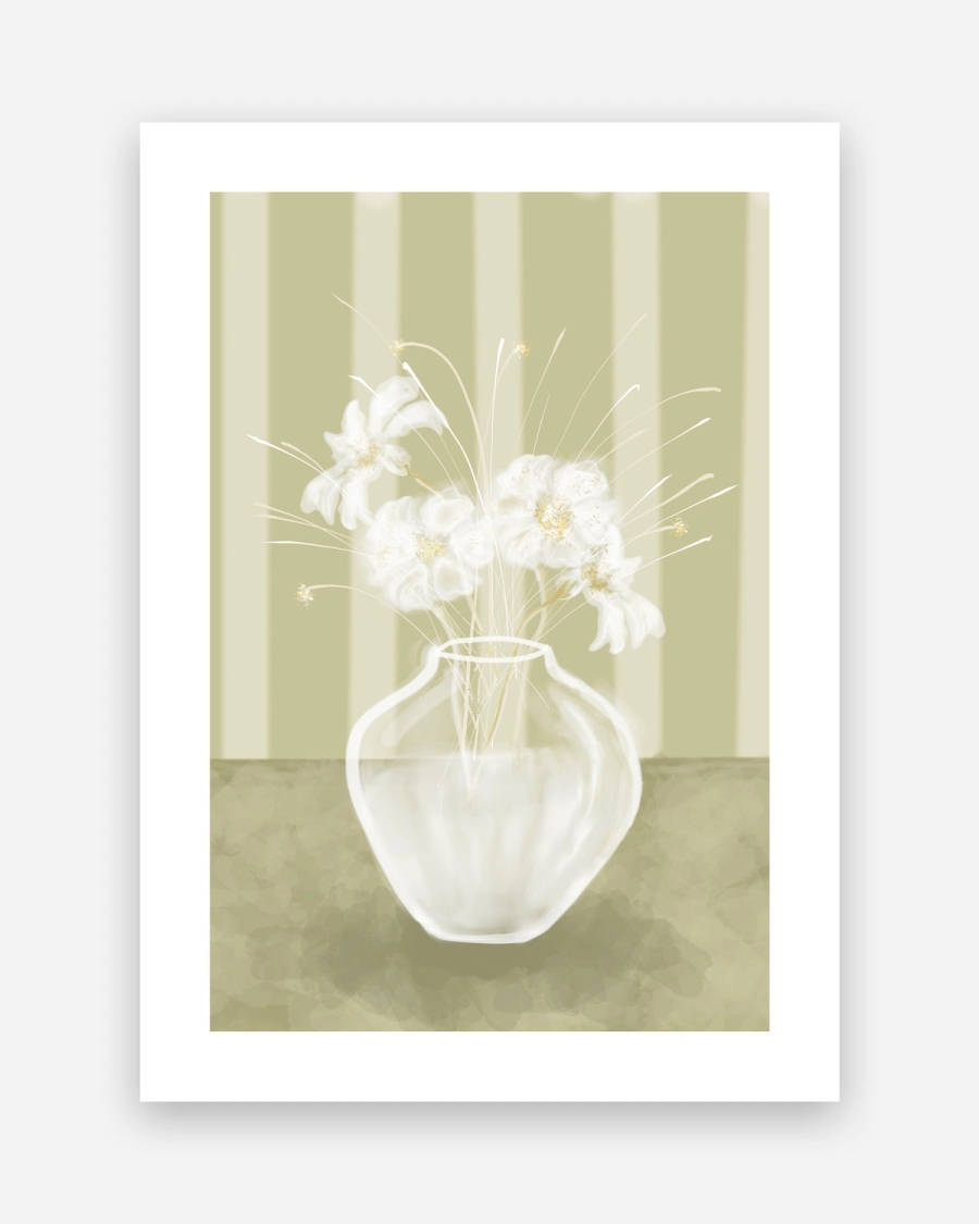 White Blooms in Glass poster with a white border, unframed on a light gray background