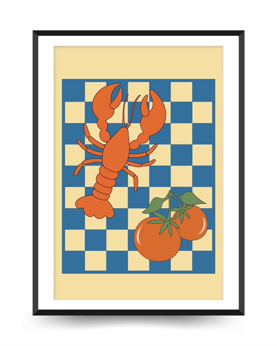 A poster of a Graphic lobster and tomatoes on blue checkerboard