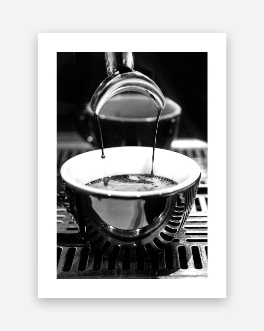 Espresso Pour poster with a white border, unframed on a light gray background