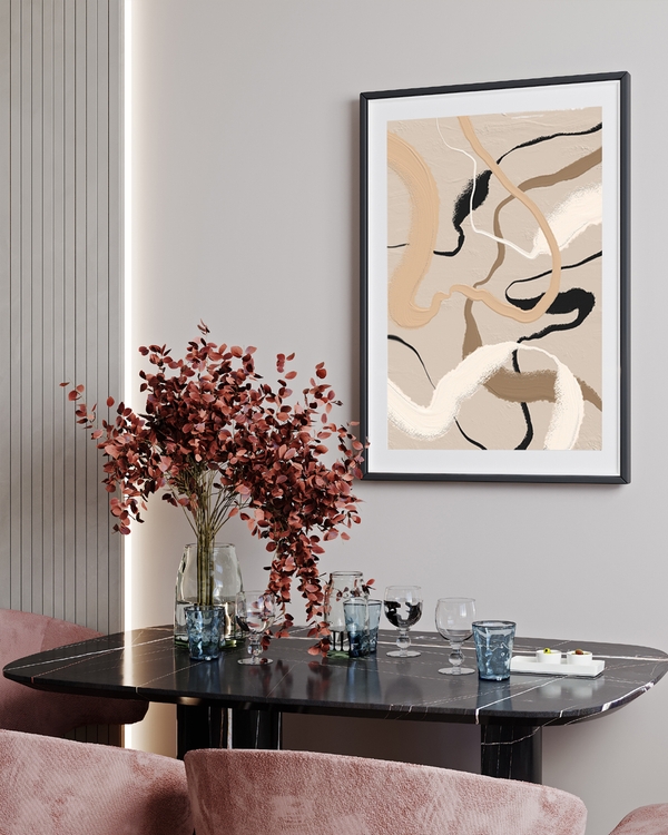 A poster of a abstract beige and black lines on textured background