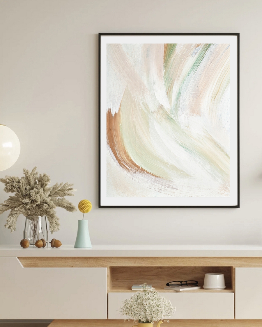 A poster of a light green and beige brushstrokes on white.
