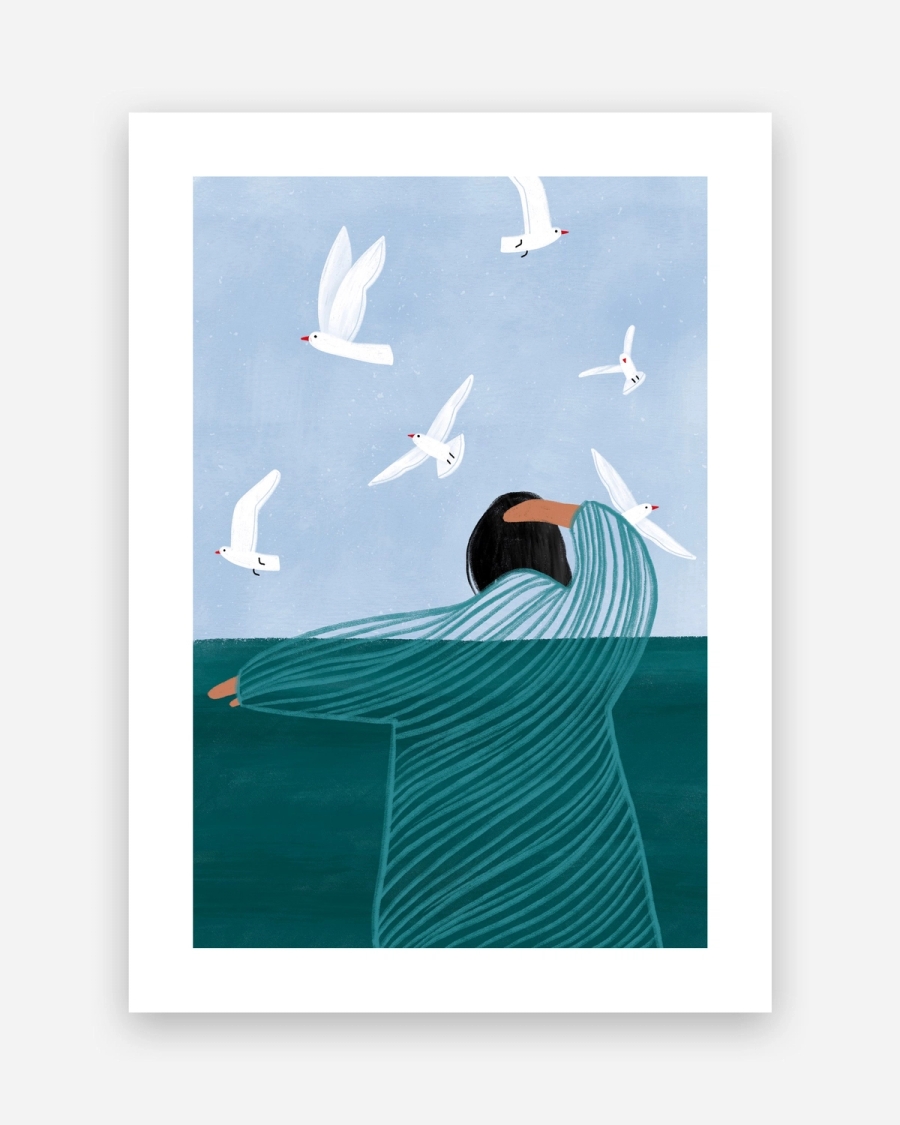 Among the Gulls poster with a white border, unframed on a light gray background