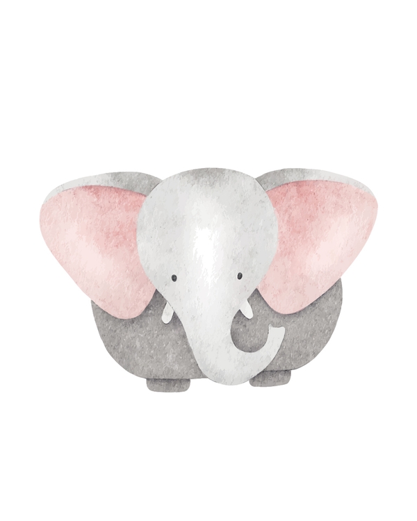 Watercolor elephant with pink ears facing forward