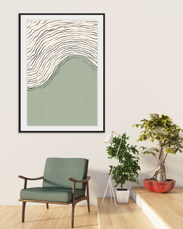 A poster of a Abstract flowing lines over soft green and neutral background