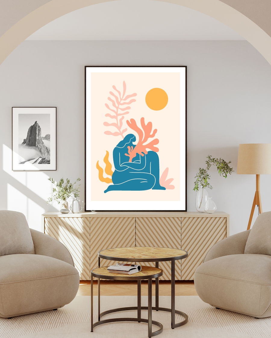 a poster of an abstract woman that has been hung on a green wall