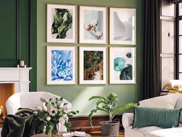 Botanic Spring Wall — six botanical posters arranged on a light wall