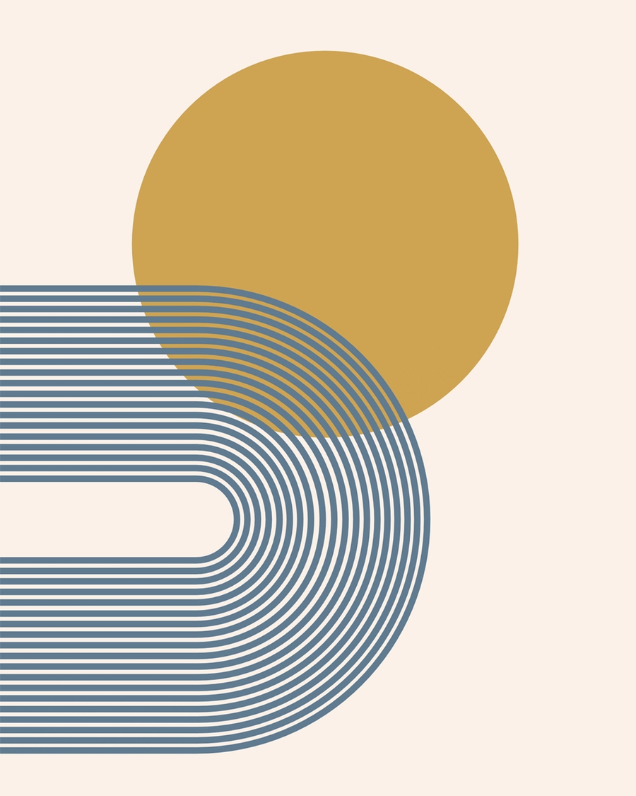 Abstract poster with bold blue curves and large golden circle