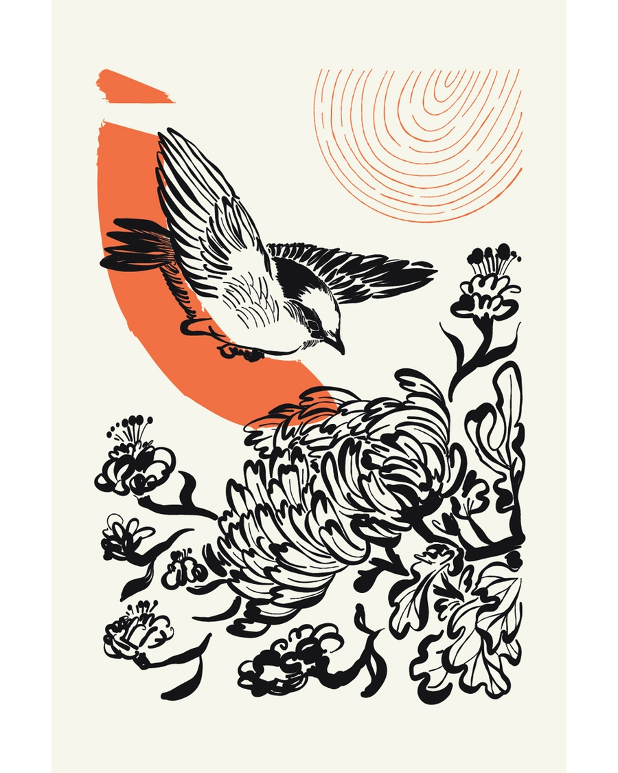 Japandi ink bird with flowers and orange accent