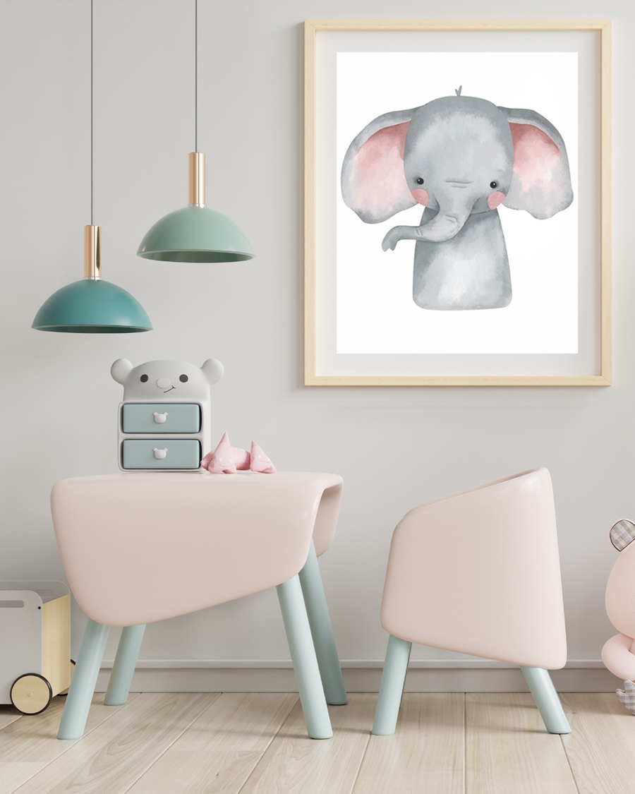 A poster of a Akvarell-elefant med grå kropp och rosa öron.