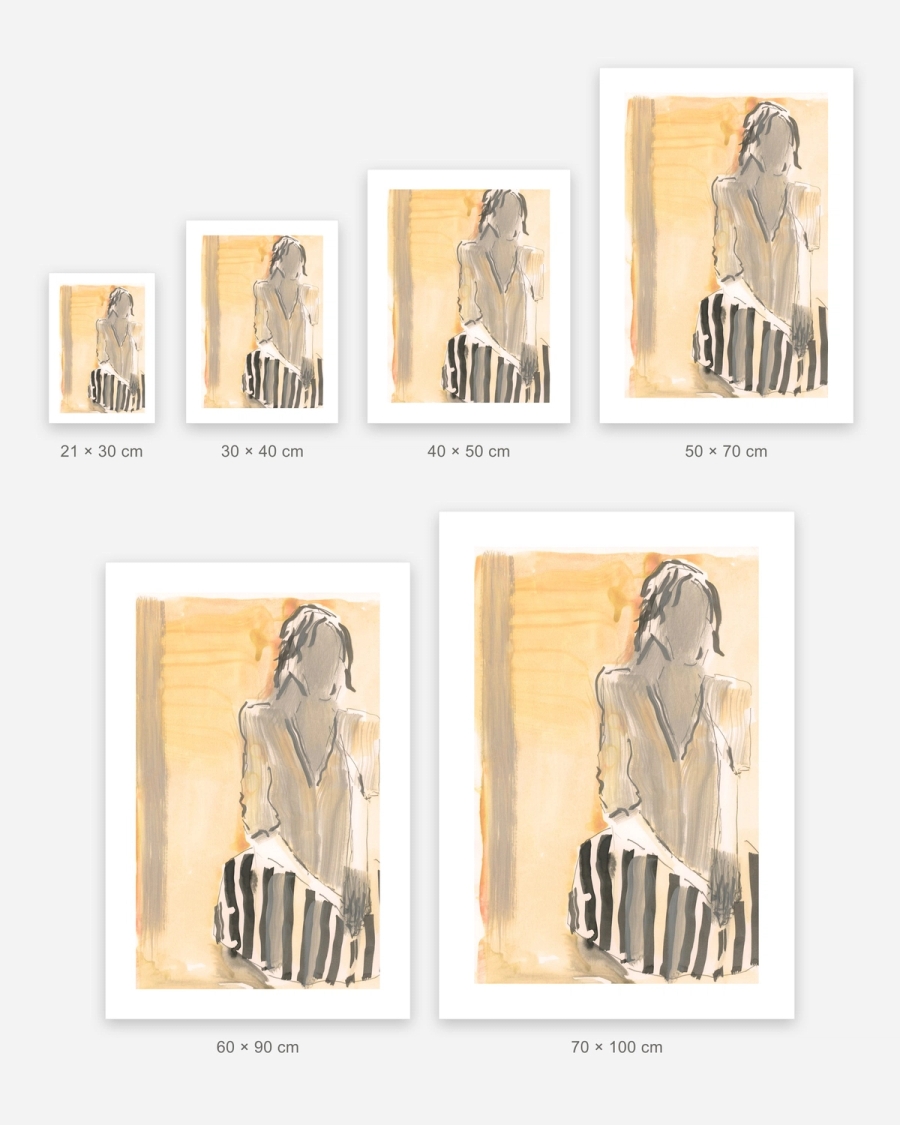 Woman in Warm Light poster in 6 sizes, shown to scale: 21 × 30, 30 × 40, 40 × 50, 50 × 70, 60 × 90 and 70 × 100 cm