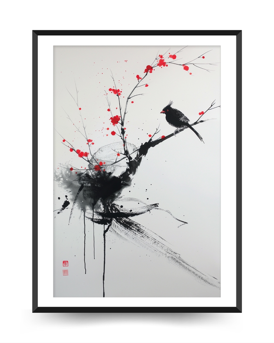 A poster of a ink style bird on branch with red accents