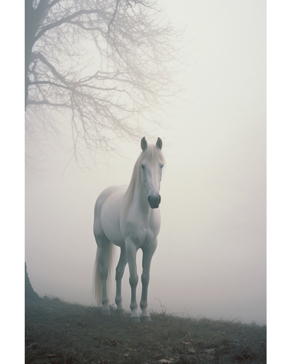 White horse standing in soft fog near bare tree