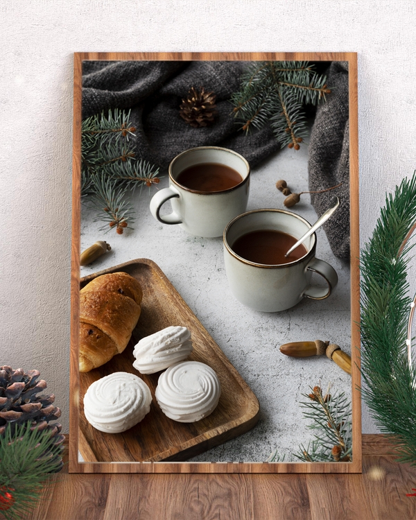 A poster of a two cups of hot drink with pastries and meringues
