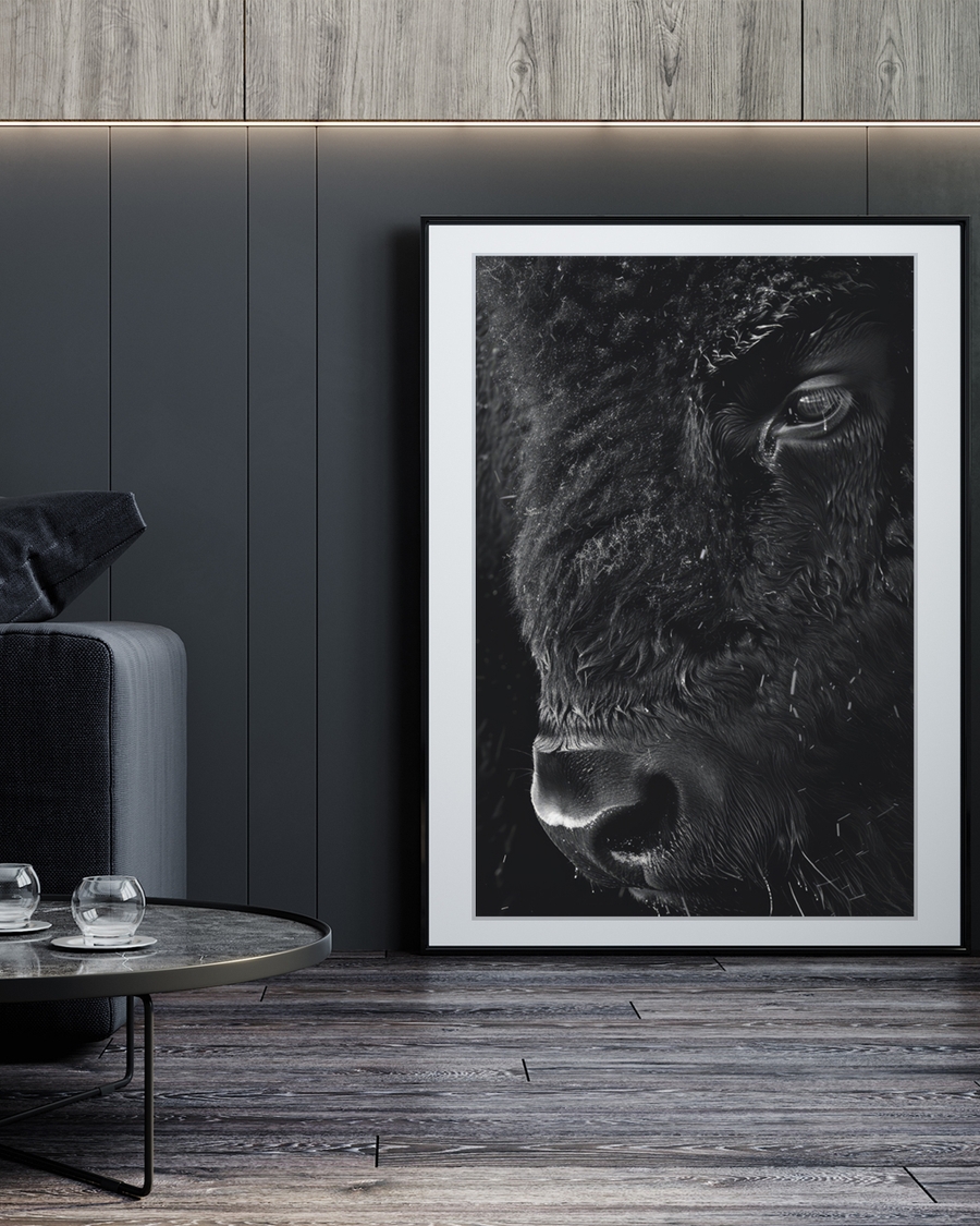 A poster of a Black and white close-up of wild animal face