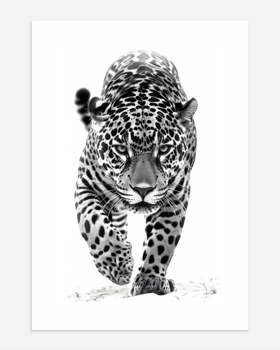 A poster of a Black and white leopard walking forward with focus