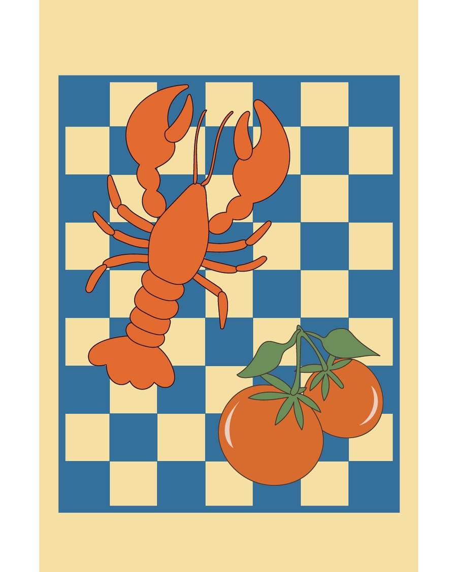 Graphic lobster and tomatoes on blue checkerboard