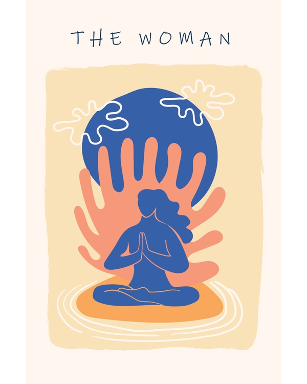 Abstract meditating woman with hands and blue circle