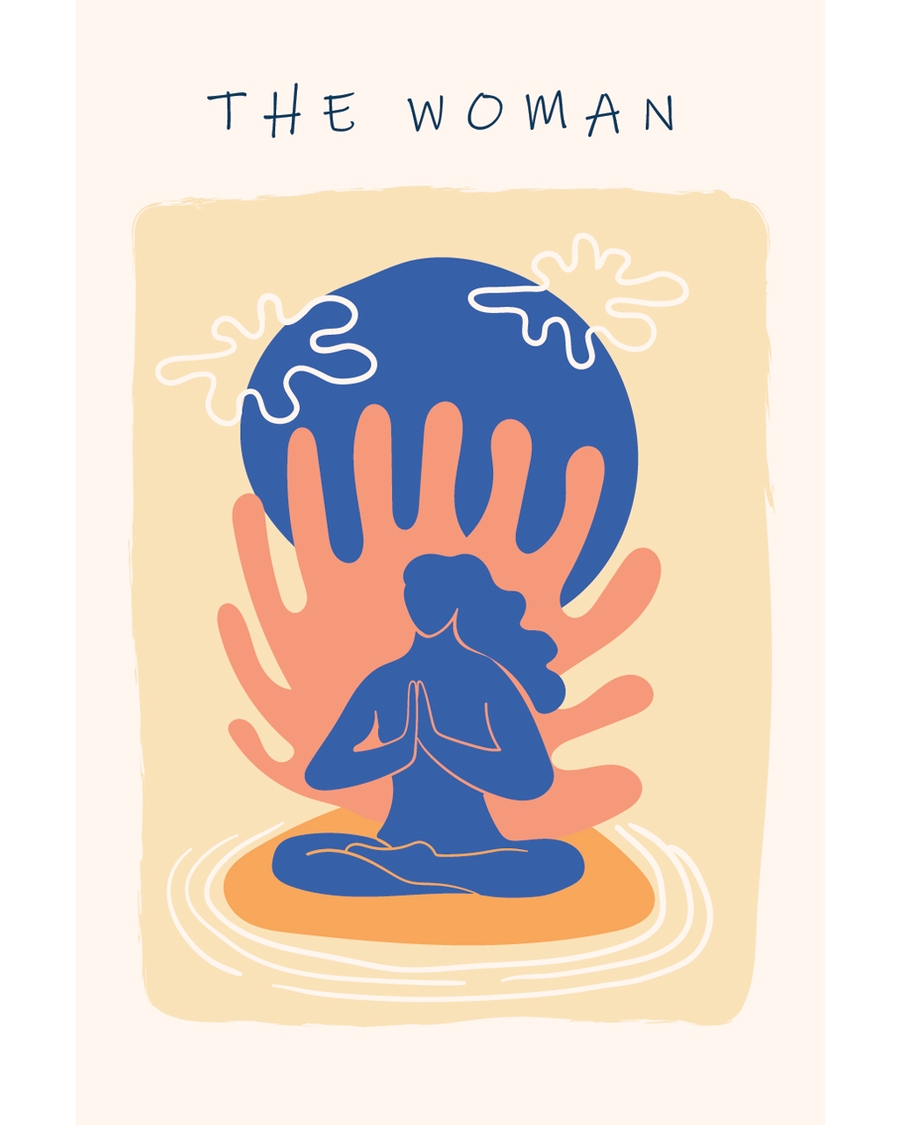 Abstract meditating woman with hands and blue circle
