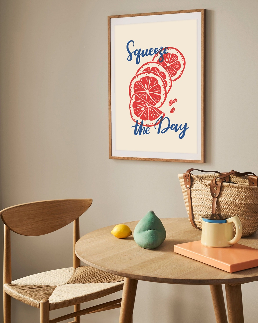 A poster of a Illustrated sliced citrus fruit with squeeze the day