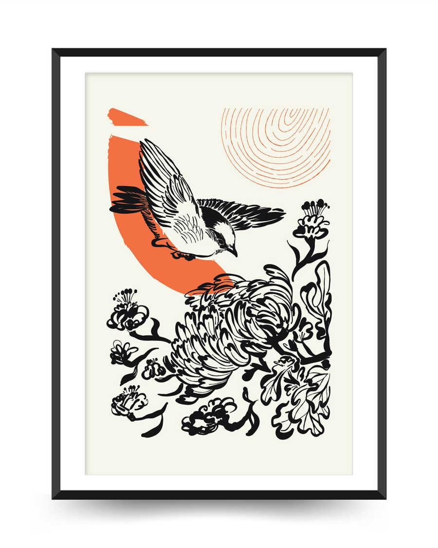 A poster of a Japandi ink bird with flowers and orange accent