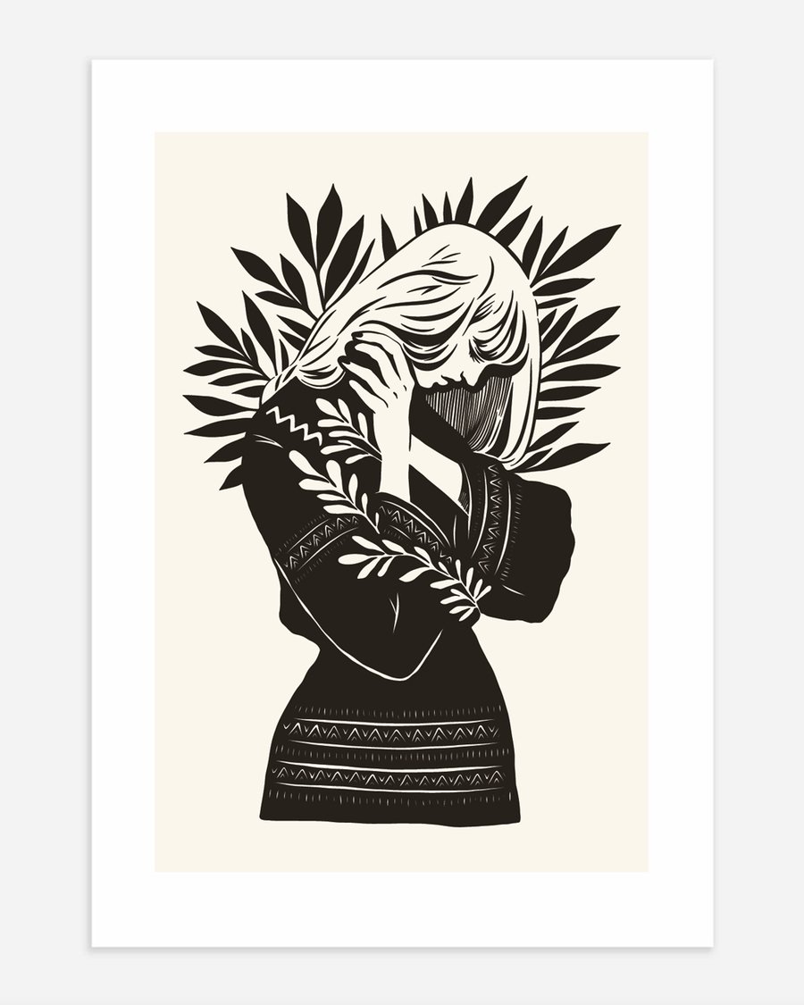 A poster of a Graphic figure surrounded by botanical leaves in black