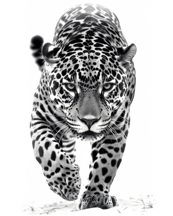 Black and white leopard walking forward with focus