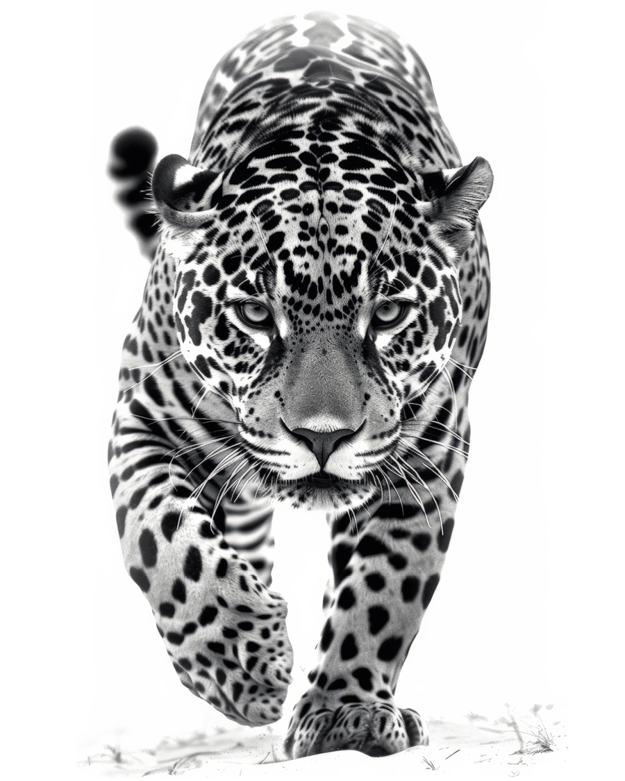 Black and white leopard walking forward with focus