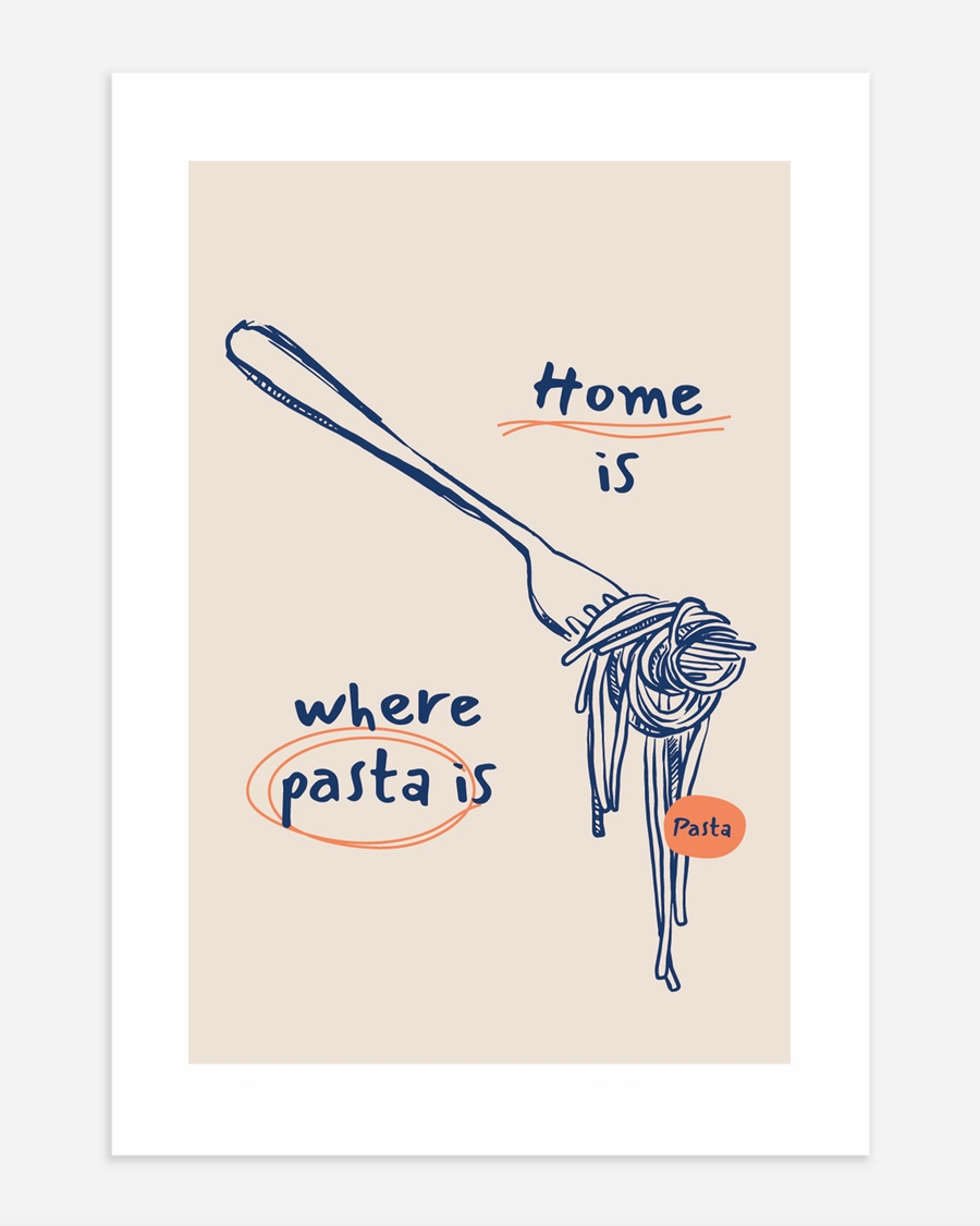A poster of a Fork twirling pasta with home is where text
