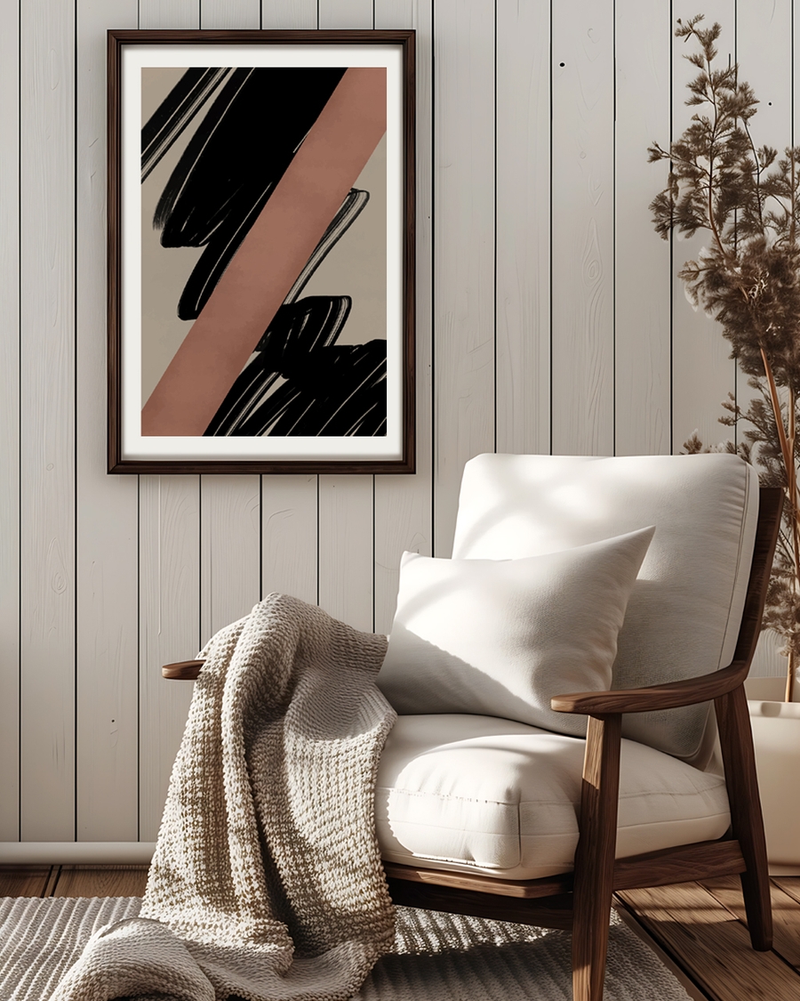 A poster of a abstract poster with bold black strokes and earthy tones