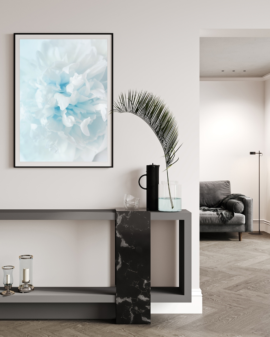 A poster of a Soft white and blue abstract floral shapes