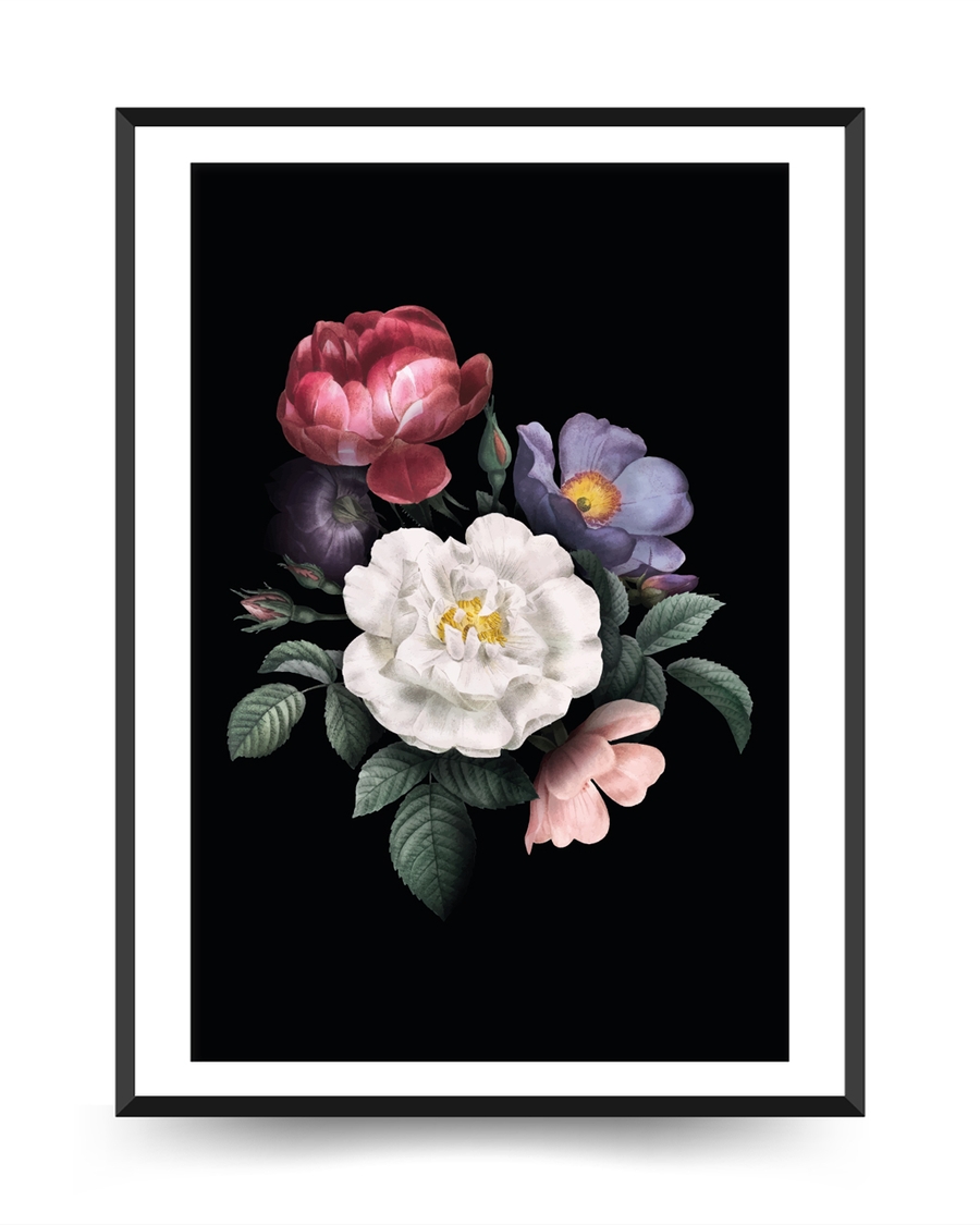 A poster of a Botanical flowers in rich colors on black