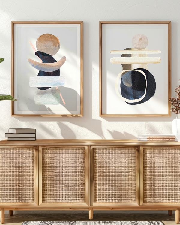 A poster of a Abstract geometric shapes with cream lines and circle