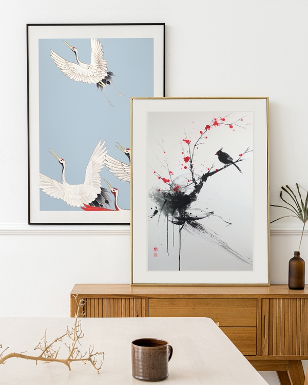 A poster of a ink style bird on branch with red accents