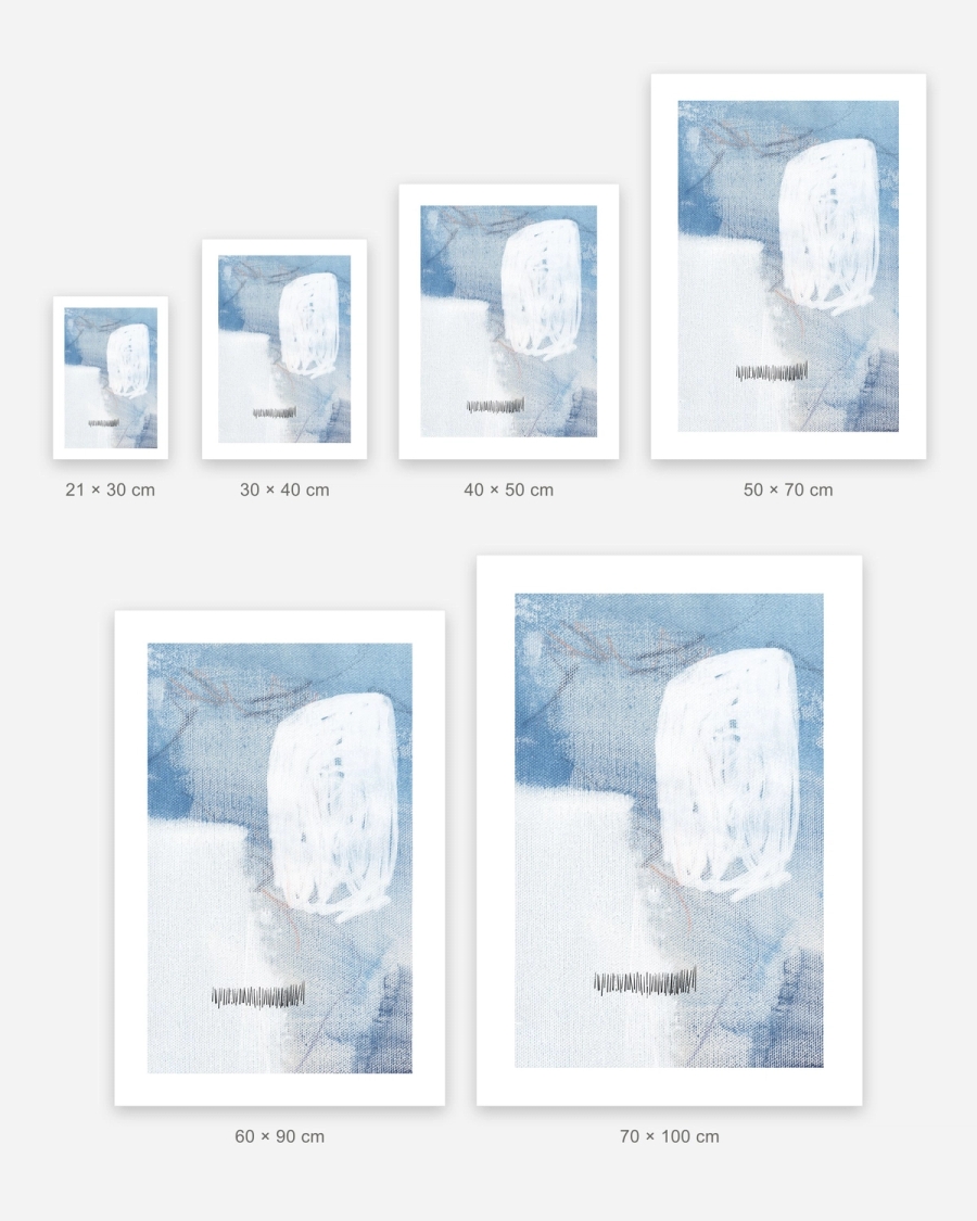 Blue Wash Study poster in 6 sizes, shown to scale: 21 × 30, 30 × 40, 40 × 50, 50 × 70, 60 × 90 and 70 × 100 cm
